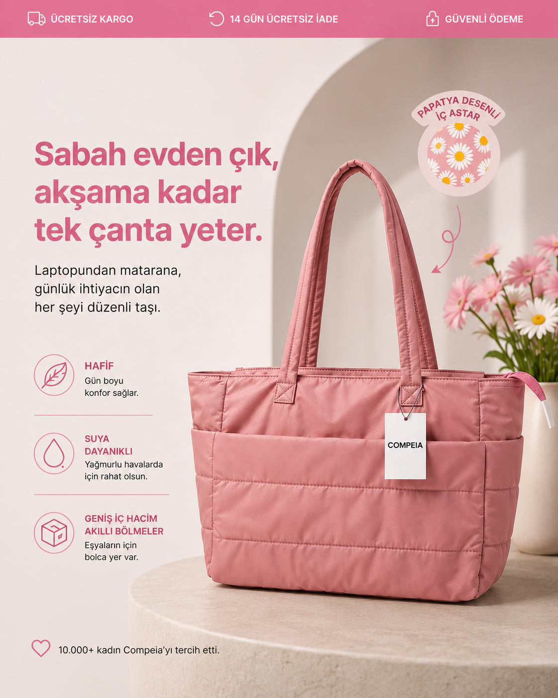 Puffy Tote Çanta | Hafif, Kabarık, Kapitone, Omuz Çanta