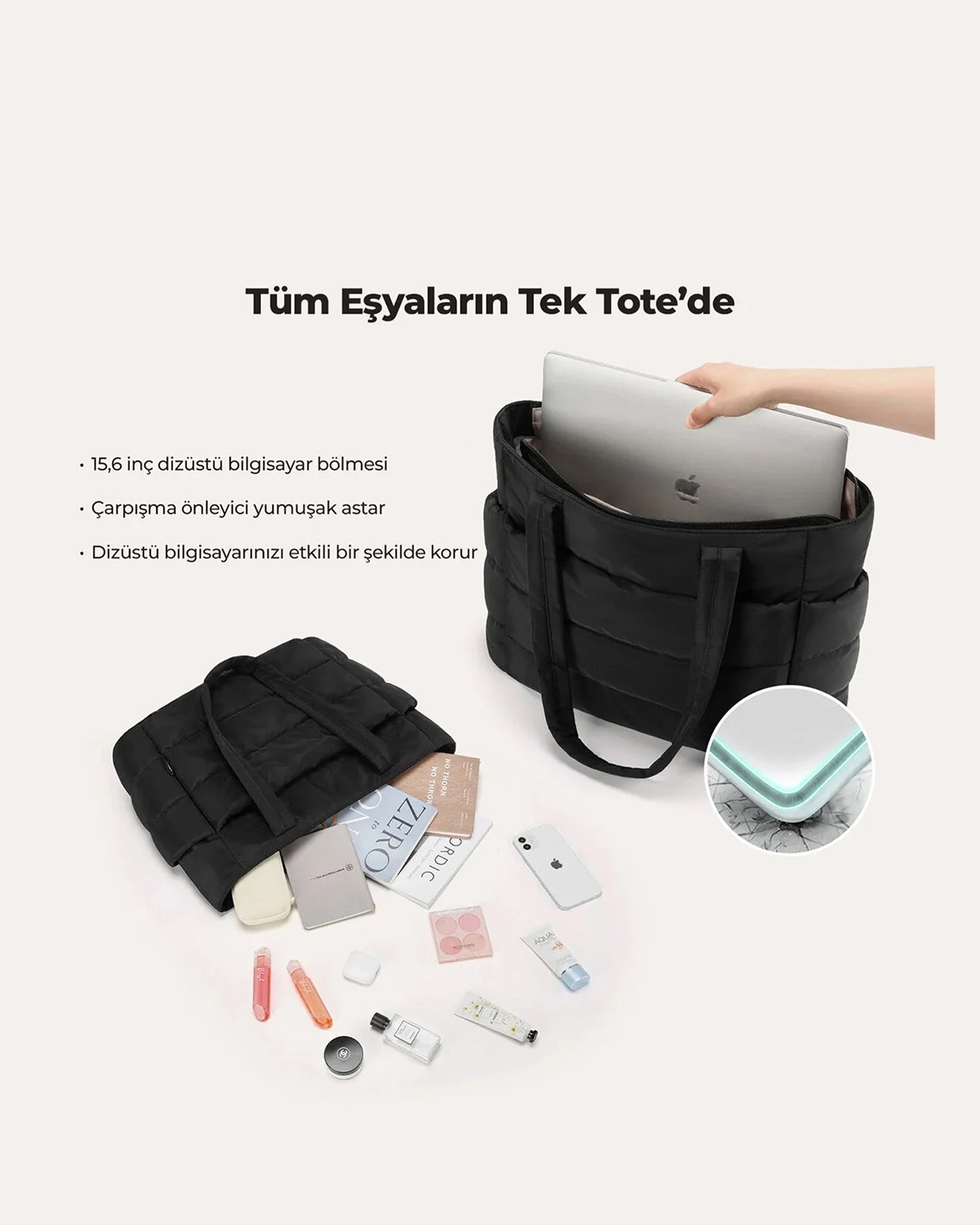 Puffy Tote Çanta | Hafif, Kabarık, Kapitone, Omuz Çanta
