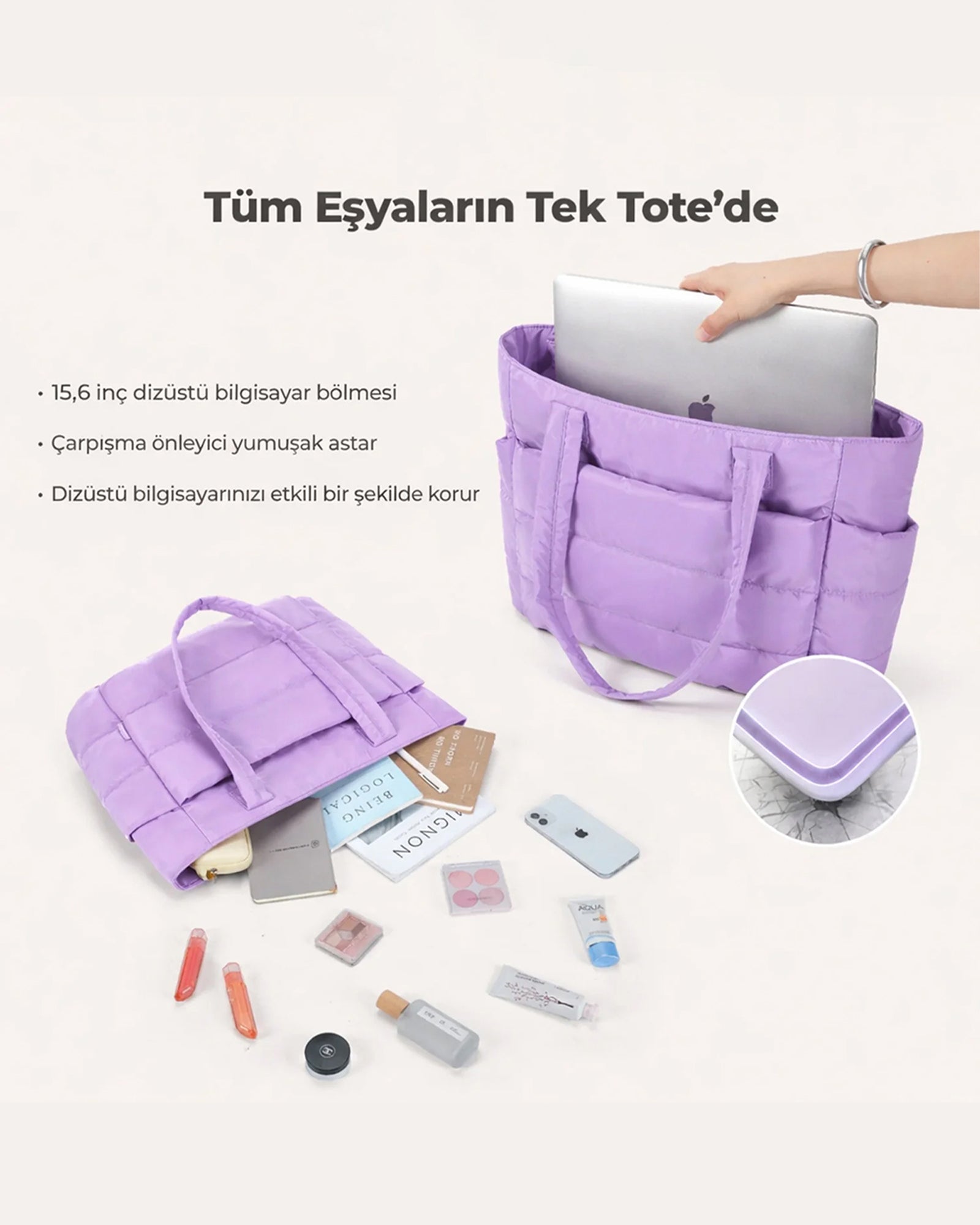 Puffy Tote Çanta | Hafif, Kabarık, Kapitone, Omuz Çanta